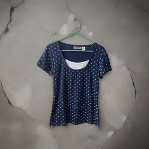 Allyson Whitmore Short Sleeve Knit Top Womens Size Medium Navy Blue White Insert